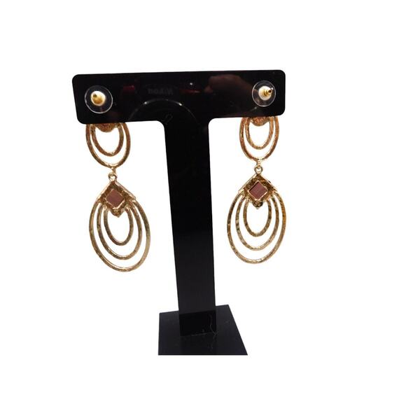 Modern Pierced Dangle Earrings Brown Beads Women Fashion Textured Gold Tone - Picture 4 of 10